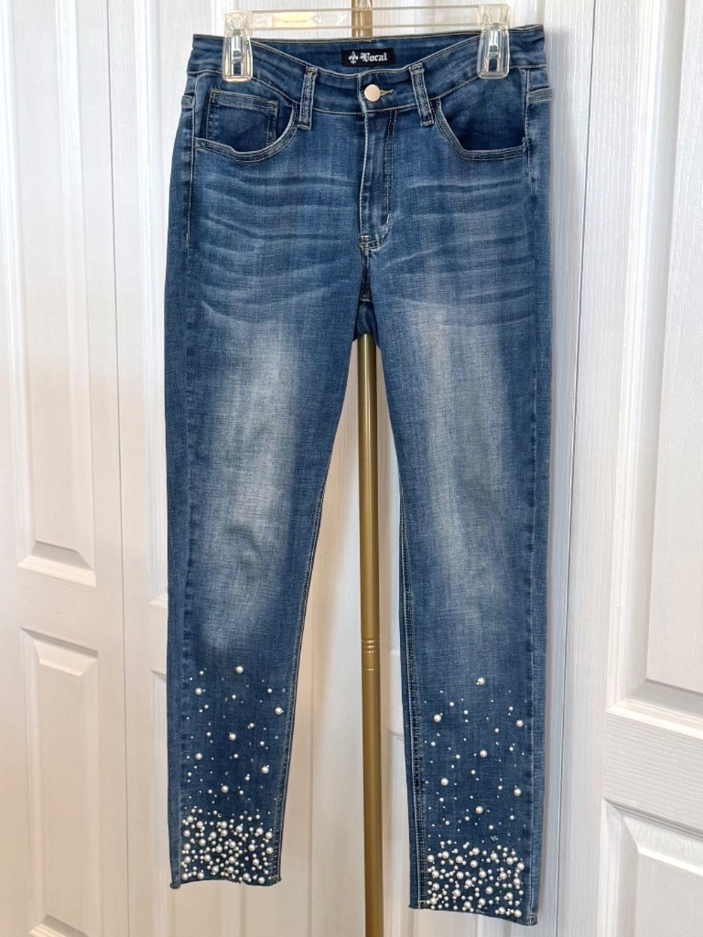 Vocal Pearl & Diamond Rhinestone Embellished Skinny Jeans Stretch Blue Denim